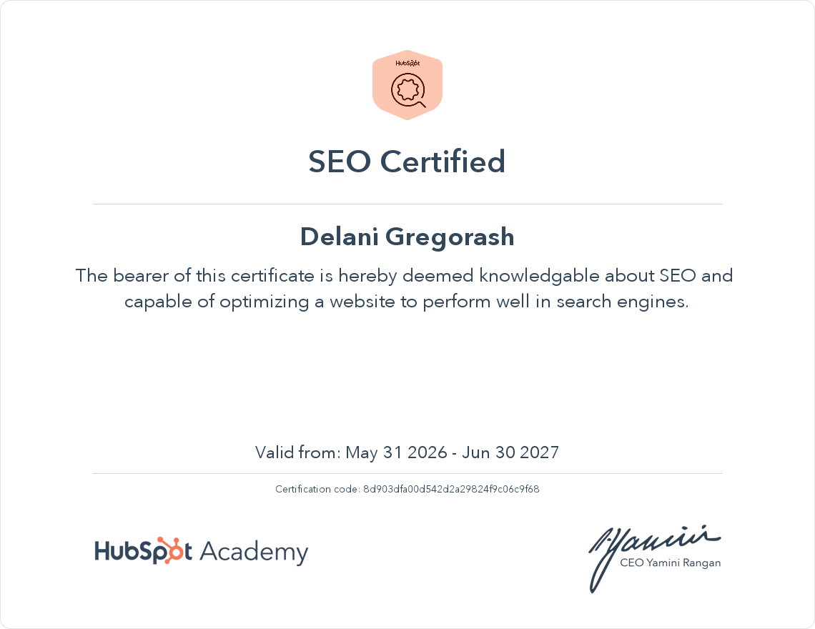 HubSpot Academy SEO Certified badge