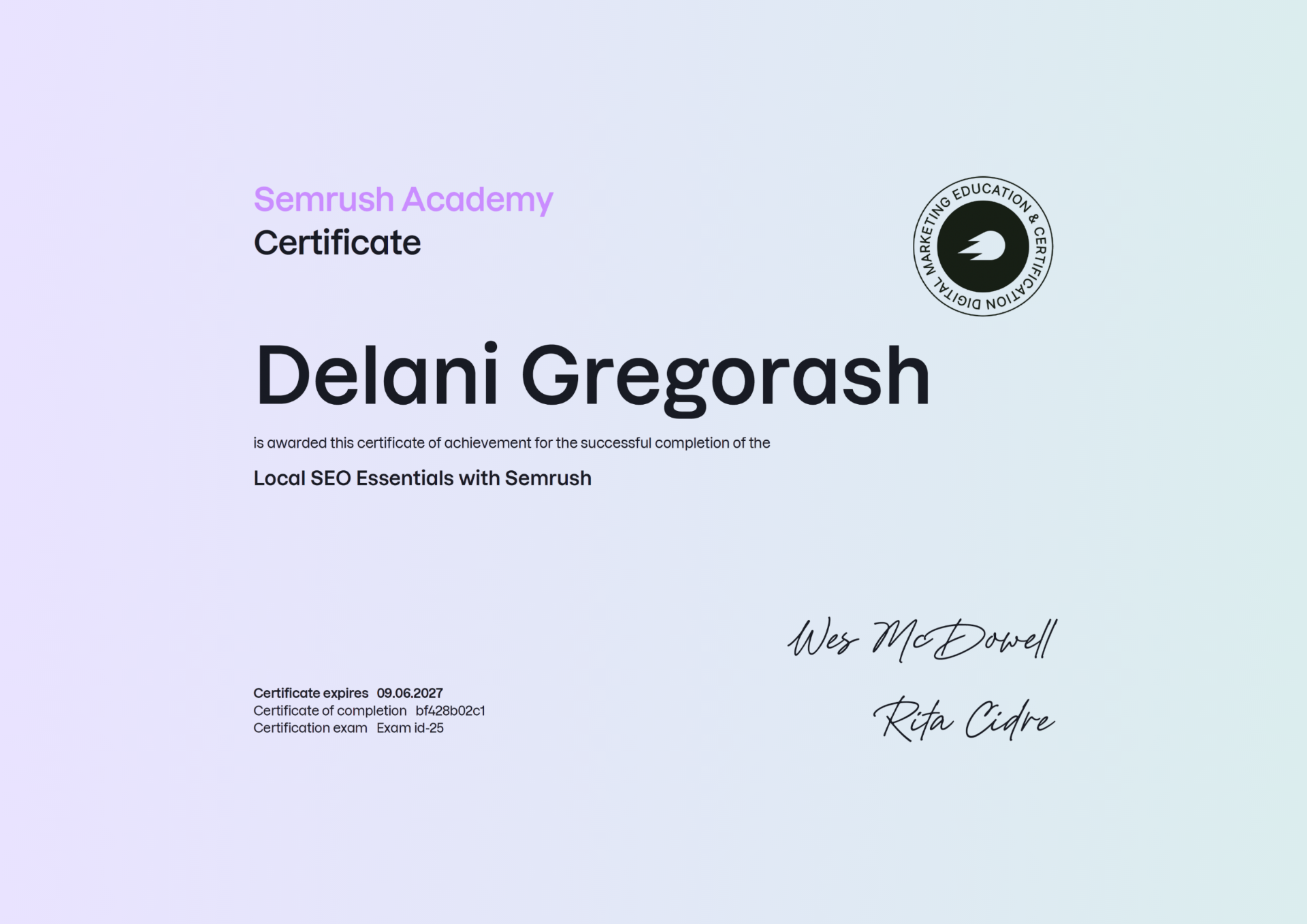 Semrush Academy Local SEO Essentials certificate