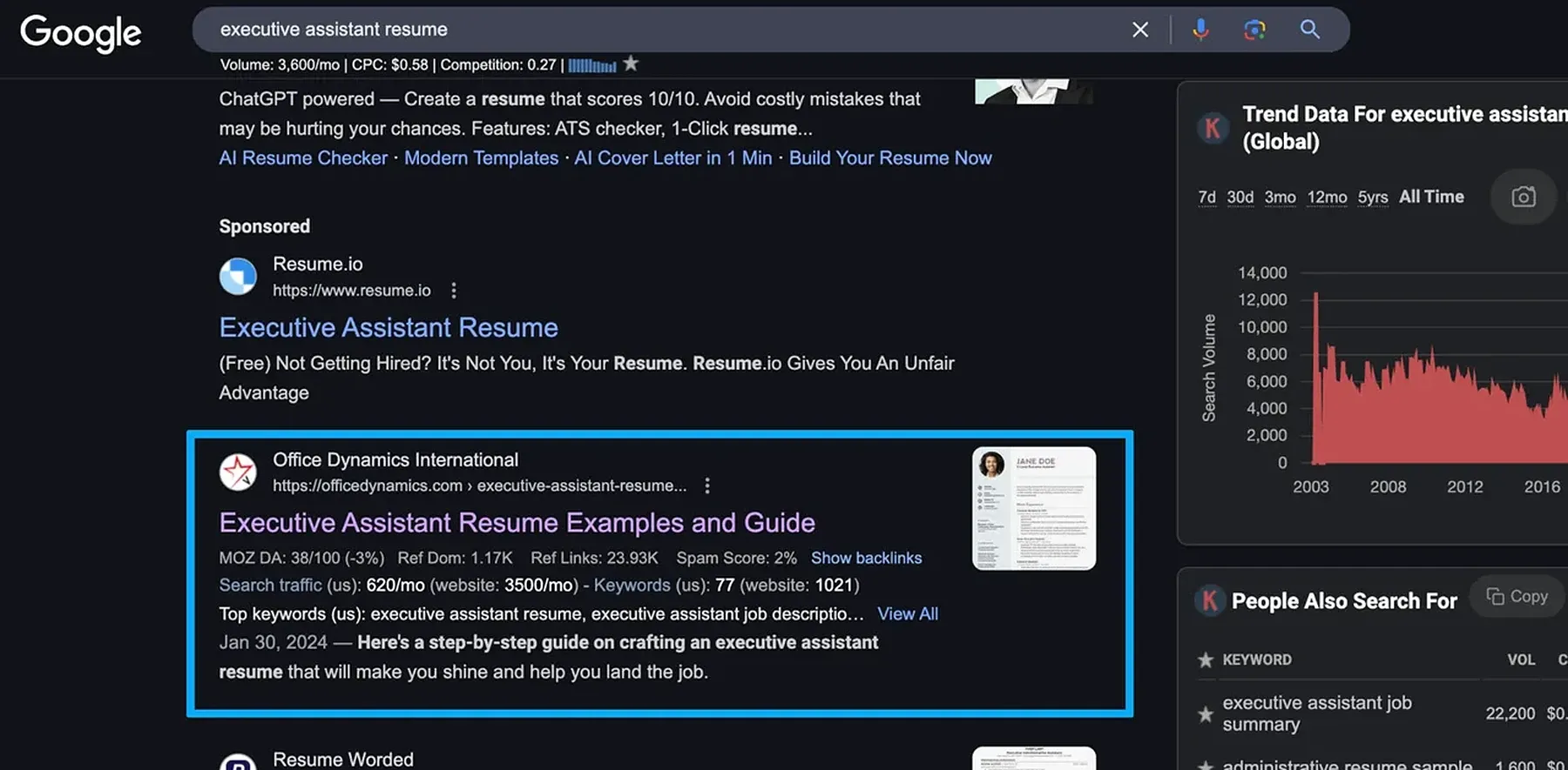 Google search results for executive assistant resume