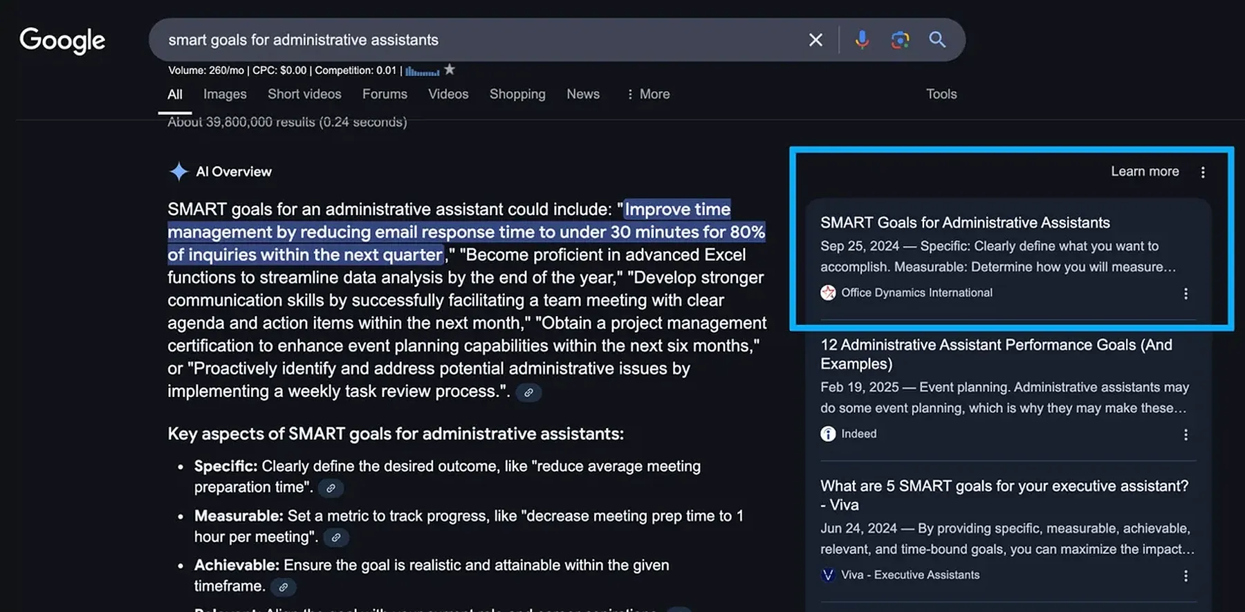 Google search results for smart goals for administrative assistants featured in AI Overview