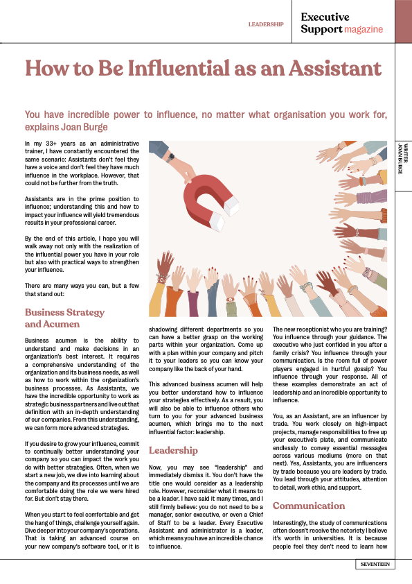 Executive Support Magazine article How to Be Influential as an Assistant