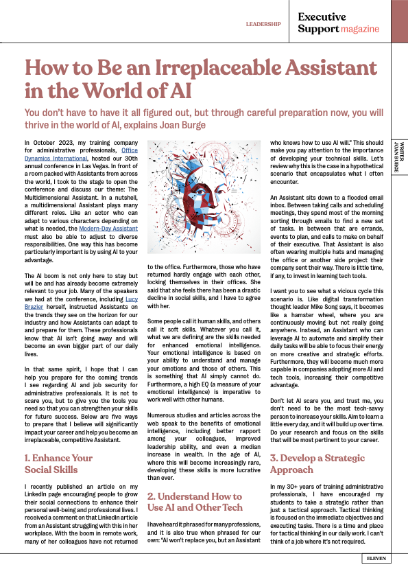Executive Support Magazine article How to Be an Irreplaceable Assistant in the World of AI