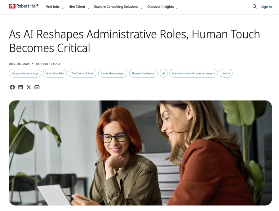 Robert Half article As AI Reshapes Administrative Roles, Human Touch Becomes Critical