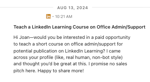LinkedIn message inviting Joan Burge to teach a paid LinkedIn Learning course on office administration and support