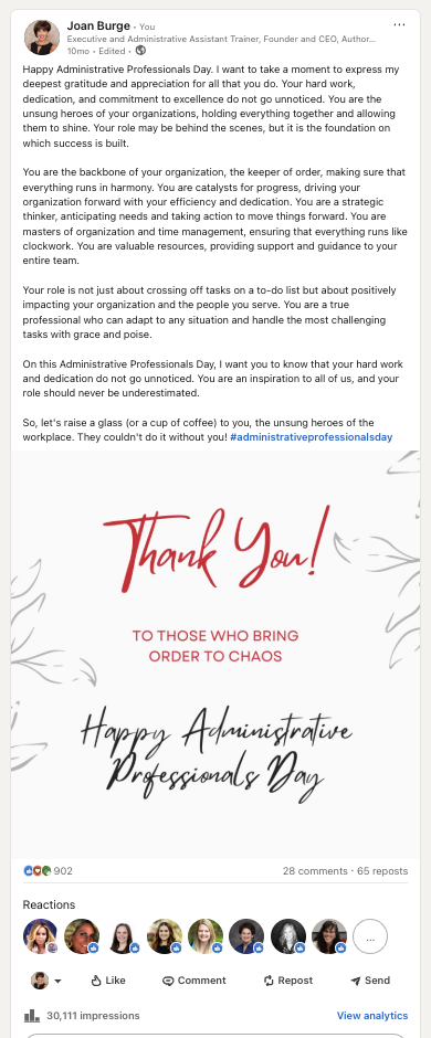 Joan Burge LinkedIn post for Administrative Professionals Day with 30,111 impressions and 902 reactions