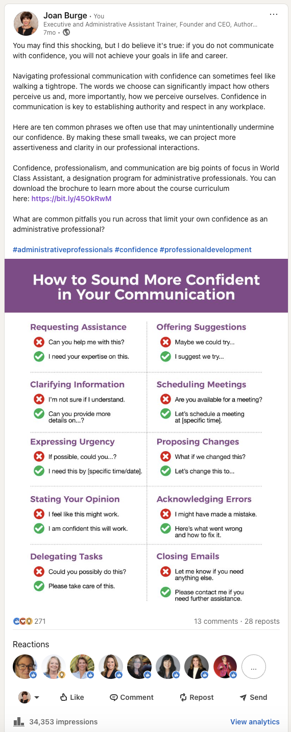 Joan Burge LinkedIn carousel post 'How to Sound More Confident in Your Communication' with 34,353 impressions