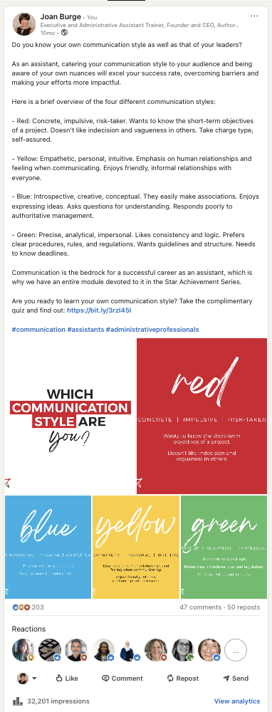 Joan Burge LinkedIn carousel post 'Which Communication Style Are You?' with 32,201 impressions